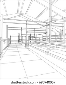 Construcciones industriales en el interior. Ilustración de seguimiento de 3d.