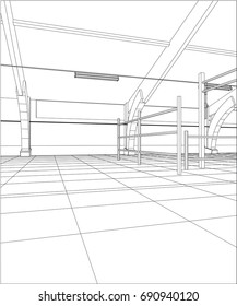 Industrial building constructions indoor. Tracing illustration of 3d.