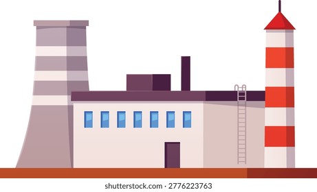 Industrial building with a cooling tower and a red-and-white chimney. Heavy industry, energy, factory infrastructure, engineering, urban development. Vector flat illustration. Isolated background.