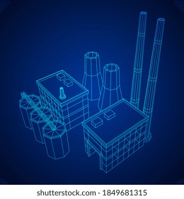 Fabrikationsanlage für Industriegebäude mit Kraftwerk. Wireframe Low-Poly-Mesh, Vektorgrafik.