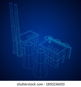 Industrial building factorie facilitie power plant. Wireframe low poly mesh vector illustration.