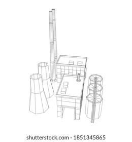 Industrial building factorie facilitie power plant. Wireframe low poly mesh vector illustration.