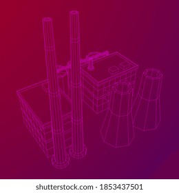 Industrial building factorie facilitie power plant. Wireframe low poly mesh vector illustration.