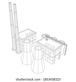 Industrial building factorie facilitie power plant. Wireframe low poly mesh vector illustration.