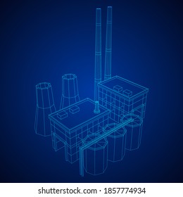 Industrial building factorie facilitie power plant. Wireframe low poly mesh vector illustration.