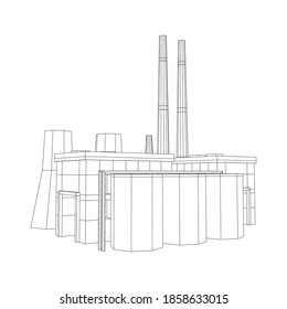 Fabrikationsanlage für Industriegebäude mit Kraftwerk. Wireframe Low-Poly-Mesh, Vektorgrafik.