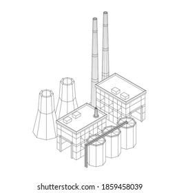 Industrial building factorie facilitie power plant. Wireframe low poly mesh vector illustration.