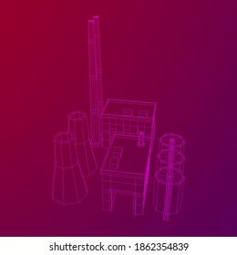 Industrial building factorie facilitie power plant. Wireframe low poly mesh vector illustration.