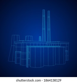 Fabrikationsanlage für Industriegebäude mit Kraftwerk. Wireframe Low-Poly-Mesh, Vektorgrafik.