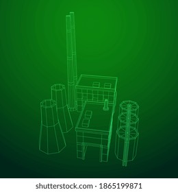 Industrial building factorie facilitie power plant. Wireframe low poly mesh vector illustration.