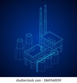 Industrial building factorie facilitie power plant. Wireframe low poly mesh vector illustration.