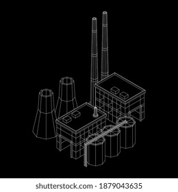 Industrial building factorie facilitie power plant. Wireframe low poly mesh vector illustration.