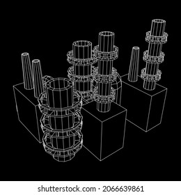 Industrial building factorie facilitie power plant with chimneys. Wireframe low poly mesh vector illustration.