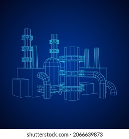 Industrial building factorie facilitie power plant with chimneys. Wireframe low poly mesh vector illustration.