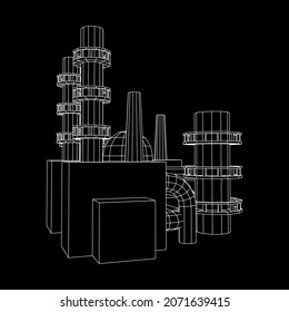 Industrial building factorie facilitie power plant with chimneys. Wireframe low poly mesh vector illustration.