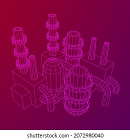 Industrial building factorie facilitie power plant with chimneys. Wireframe low poly mesh vector illustration.