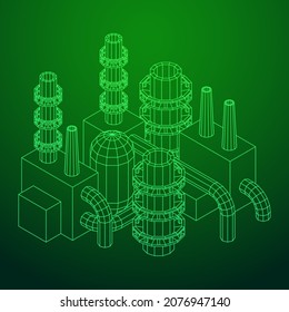 Industrial building factorie facilitie power plant with chimneys. Wireframe low poly mesh vector illustration.