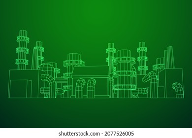 Industrial building factorie facilitie power plant with chimneys. Wireframe low poly mesh vector illustration.