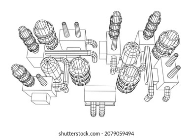 Industrial building factorie facilitie power plant with chimneys. Wireframe low poly mesh vector illustration.