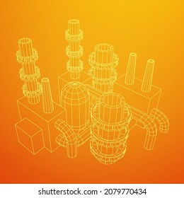 Industrial building factorie facilitie power plant with chimneys. Wireframe low poly mesh vector illustration.