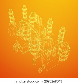 Industrial building factorie facilitie power plant with chimneys. Wireframe low poly mesh vector illustration.
