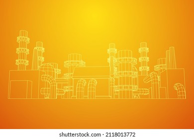 Industrial building factorie facilitie power plant with chimneys. Wireframe low poly mesh vector illustration.