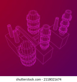 Industrial building factorie facilitie power plant with chimneys. Wireframe low poly mesh vector illustration.