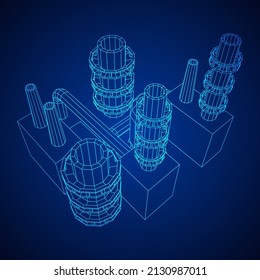 Industrial building factorie facilitie power plant with chimneys. Wireframe low poly mesh vector illustration.