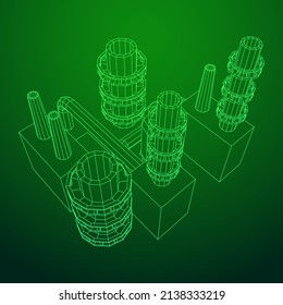 Industrial building factorie facilitie power plant with chimneys. Wireframe low poly mesh vector illustration.