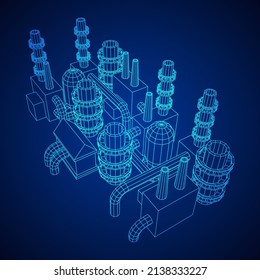 Industrial building factorie facilitie power plant with chimneys. Wireframe low poly mesh vector illustration.