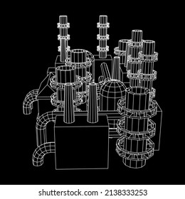 Industriegebäude Fabriken Kraftwerk mit Schornsteinen. Wireframe Low-Poly-Mesh, Vektorgrafik.