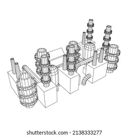 Industrial building factorie facilitie power plant with chimneys. Wireframe low poly mesh vector illustration.