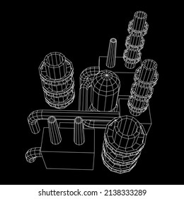 Industrial building factorie facilitie power plant with chimneys. Wireframe low poly mesh vector illustration.