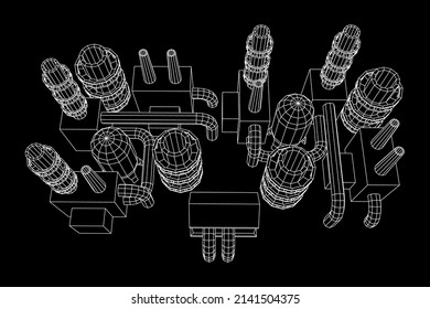 Industrial building factorie facilitie power plant with chimneys. Wireframe low poly mesh vector illustration.