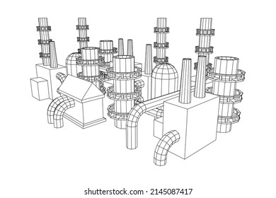 Industriegebäude Fabriken Kraftwerk mit Schornsteinen. Wireframe Low-Poly-Mesh, Vektorgrafik.