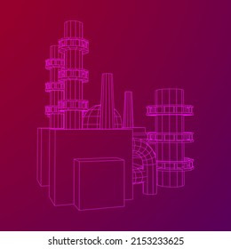 Industrial building factorie facilitie power plant with chimneys. Wireframe low poly mesh vector illustration.