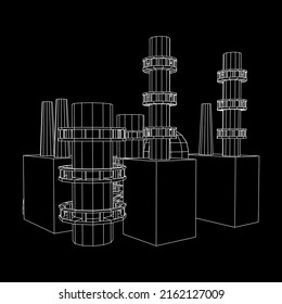 Industrial building factorie facilitie power plant with chimneys. Wireframe low poly mesh vector illustration.