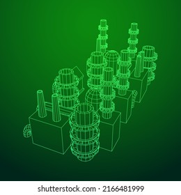 Industrial building factorie facilitie power plant with chimneys. Wireframe low poly mesh vector illustration.