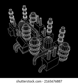 Industriegebäude Fabriken Kraftwerk mit Schornsteinen. Wireframe Low-Poly-Mesh, Vektorgrafik.