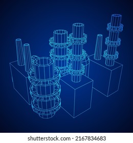 Industrial building factories facilities power plant with chimneys. Wireframe low poly mesh vector illustration.