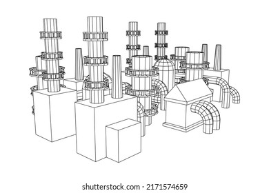 Industrial building factories facilities power plant with chimneys. Wireframe low poly mesh vector illustration.