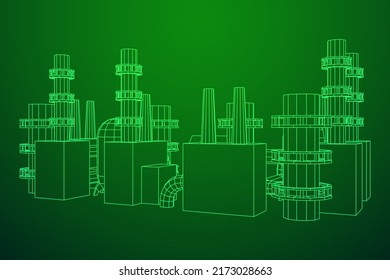 Industrial building factories facilities power plant with chimneys. Wireframe low poly mesh vector illustration.