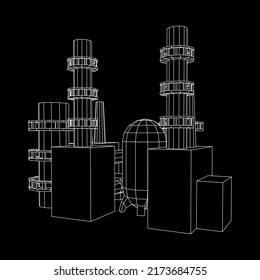 Industrial building factories facilities power plant with chimneys. Wireframe low poly mesh vector illustration.