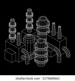 Industrial building factories facilities power plant with chimneys. Wireframe low poly mesh vector illustration.