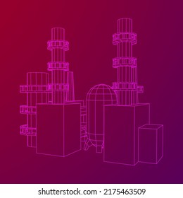 Industrial building factories facilities power plant with chimneys. Wireframe low poly mesh vector illustration.