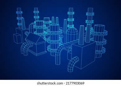 Las fábricas de construcción industrial tienen plantas de energía con chimeneas. Ilustración vectorial de malla baja de malla de malla de alambre.