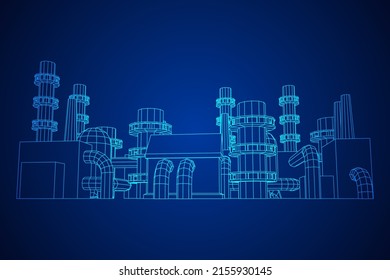 Industrial building factories facility power plant with chimneys. Wireframe low poly mesh vector illustration.