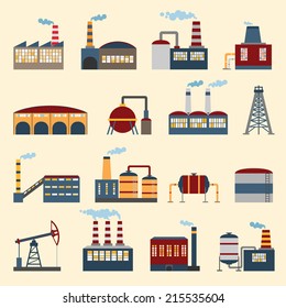 Industrial building factories and plants icons set isolated vector illustration.