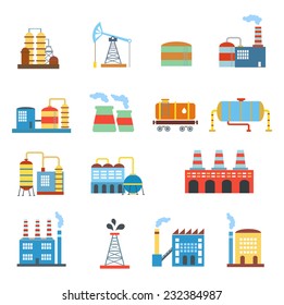 Industrial building factories and plants  icons set isolated vector illustration.