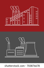 Industrial building factory. Factories and plants linear icons and logos. Production, manufacture, towers, industrial and other samples for business and for logos.  Vector illustration. Line style.